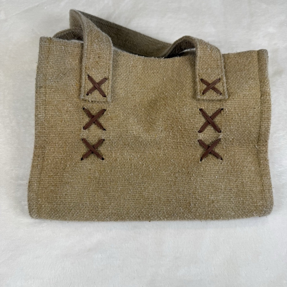 MIE-ELLE Burlap Handbag Tan Brown Cross Stitch Small Tote Purse Rustic Boho